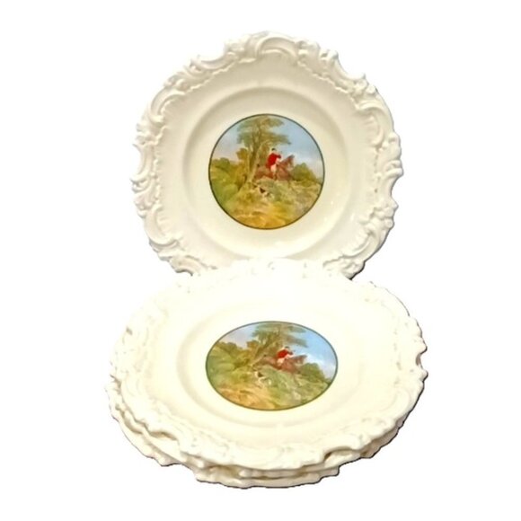 RARE Vtge Set of 4 Royal Doulton Fox Hunt Fancy Scroll Edge Luncheon Plates 9.5" - Picture 2 of 12